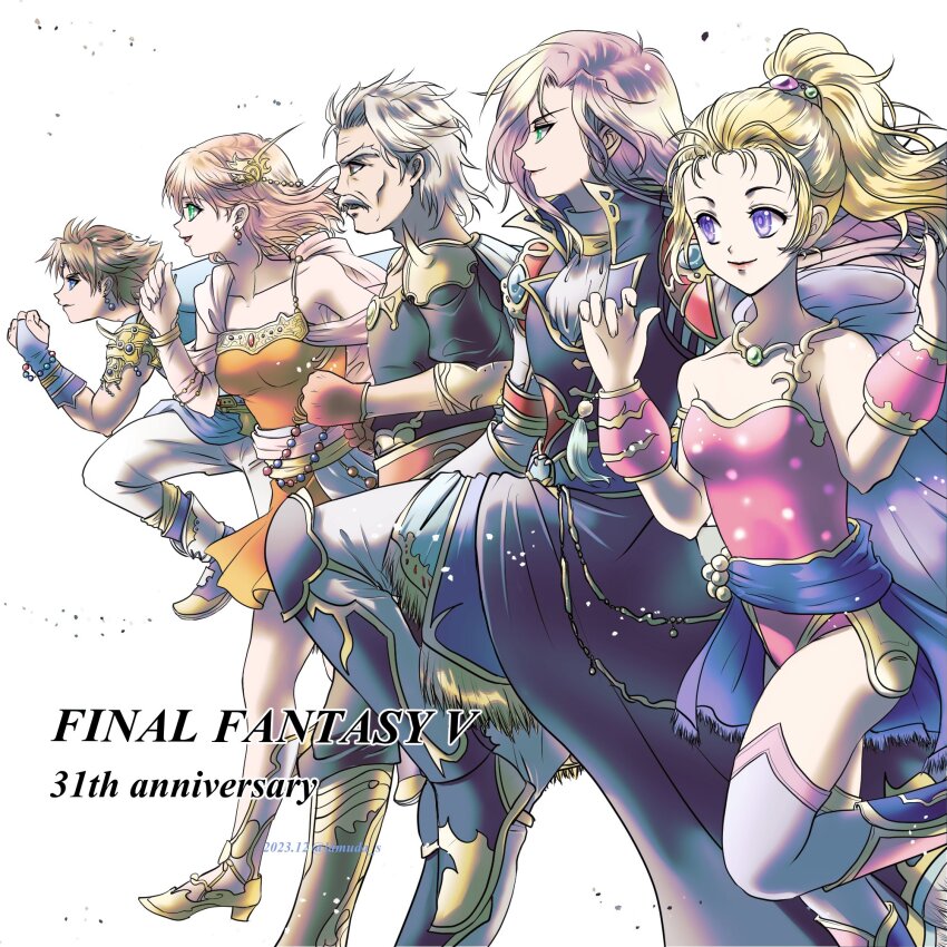 2boys 3girls anniversary armor ascot bare_shoulders bartz_klauser black_coat blonde_hair boots breasts brown_hair closed_mouth coat crossdressing dated earrings facial_hair faris_scherwiz final_fantasy final_fantasy_v galuf_halm_baldesion green_eyes grey_hair highres jewelry knee_pads krile_mayer_baldesion_(ff5) lenna_charlotte_tycoon leotard long_hair medium_breasts multiple_boys multiple_girls mustache muted_color orange_tunic pants parted_bangs parted_lips pink_hair pink_leotard ponytail profile purple_eyes purple_hair running short_hair shoulder_armor shoulder_spikes sirotuka_lambda smile spikes thighhighs tunic w_arms white_ascot white_pants white_thighhighs