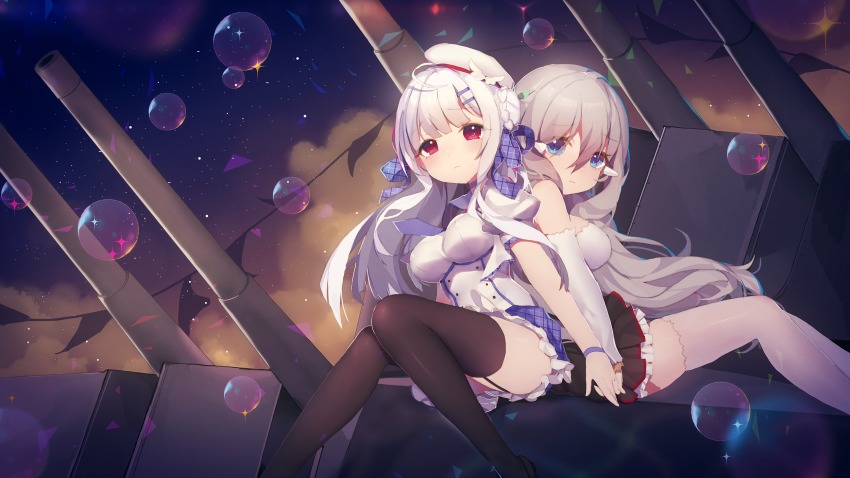2girls ahoge air_bubble azur_lane back-to-back beret black_garter_straps black_legwear blue_eyes blush bubble closed_mouth cygnet_(azur_lane) fortune_(azur_lane) garter_straps grey_hair hat highres holding_hands knees_together_feet_apart long_hair looking_at_viewer miebao multiple_girls outdoors purple_eyes ship_turret sidelocks sitting sparkle star_(sky) thighhighs white_hair white_legwear