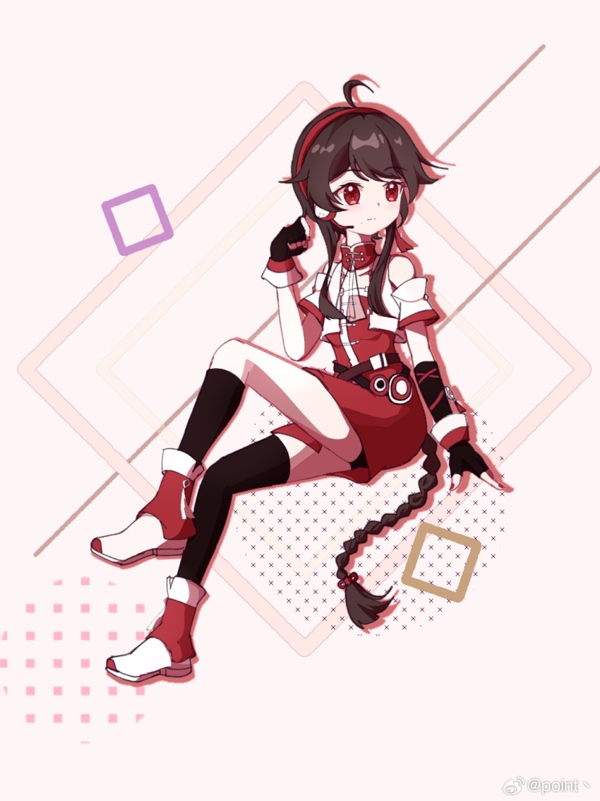 asymmetrical_legwear bare_shoulders belt black_gloves black_hair black_socks black_thighhighs boots braid brown_belt brown_hair closed_mouth dress fingerless_gloves from_side full_body gloves headphones headset highres long_hair mole multicolored_boots open_clothes open_vest pointzhu red_boots red_dress red_eyes red_headset simple_background single_braid sitting socks solo thighhighs very_long_hair vest vocaloid vsinger_(vocaloid) watermark weibo_username weibo_watermark white_vest yuezheng_ling yuezheng_ling_v3