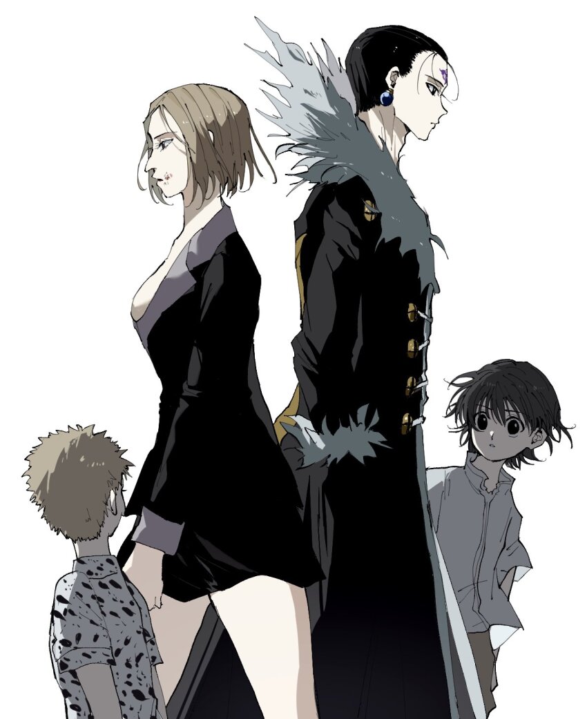 1boy 1girl aged_down aquiline_nose black_coat black_hair black_skirt blood blood_on_face breasts brown_hair child chrollo_lucilfer coat collared_shirt cowboy_shot dual_persona earrings facial_mark facing_away facing_to_the_side floating_hair forehead_mark from_side fur-trimmed_coat fur-trimmed_sleeves fur_trim grey_hair hair_slicked_back hand_in_pocket highres hunter_x_hunter injury jewelry kasukasugom1 light_brown_hair long_sleeves looking_at_another looking_away looking_to_the_side medium_breasts nose pakunoda print_shirt profile shirt short_hair short_sleeves simple_background skirt skirt_set untucked_shirt walking white_background
