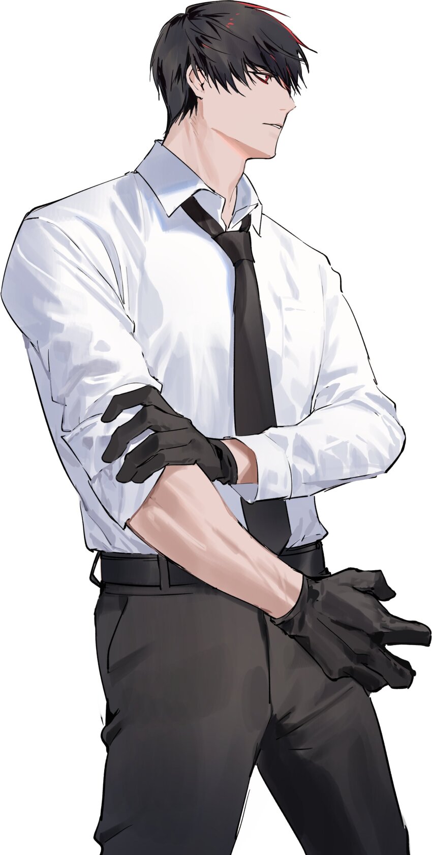 1boy absurdres belt black_gloves black_hair black_necktie black_pants collared_shirt commentary cowboy_shot english_commentary gloves highres long_sleeves looking_ahead male_focus necktie ooe_(game) oosaki_(ooe) pants parted_lips photo-referenced red_eyes rolling_sleeves_up shirt short_hair solo standing tk_(tksnim) white_shirt
