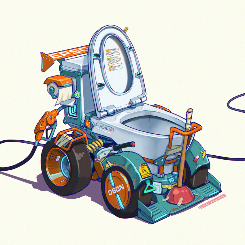 artist_name bidet chromatic_aberration dated english_text epson gas_pump_nozzle highres hose iwse_zhang motor_vehicle no_humans original peace_symbol plunger power_symbol sign signature simple_background spoiler_(automobile) still_life tape toilet toilet_paper vehicle_focus warning_sign what white_background