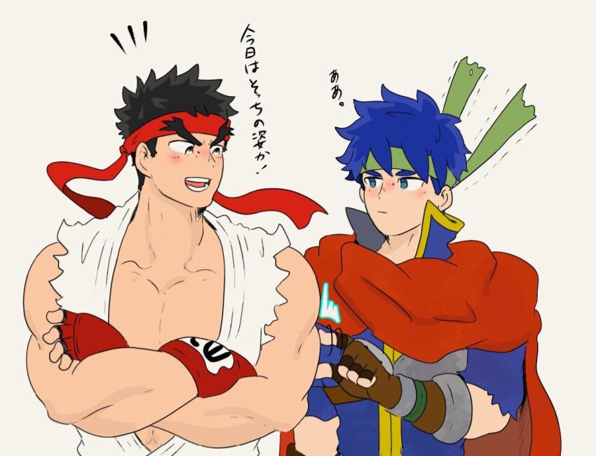2boys black_hair blue_eyes blue_hair cape commentary_request crossed_arms dougi fire_emblem fire_emblem:_path_of_radiance hand_guard headband ike_(fire_emblem) male_focus multiple_boys muscular muscular_male nintendo pectoral_cleavage pectorals red_cape ryu_(street_fighter) simple_background street_fighter super_smash_bros. torn_clothes torn_sleeves translation_request upper_body white_background ya_tudoki15