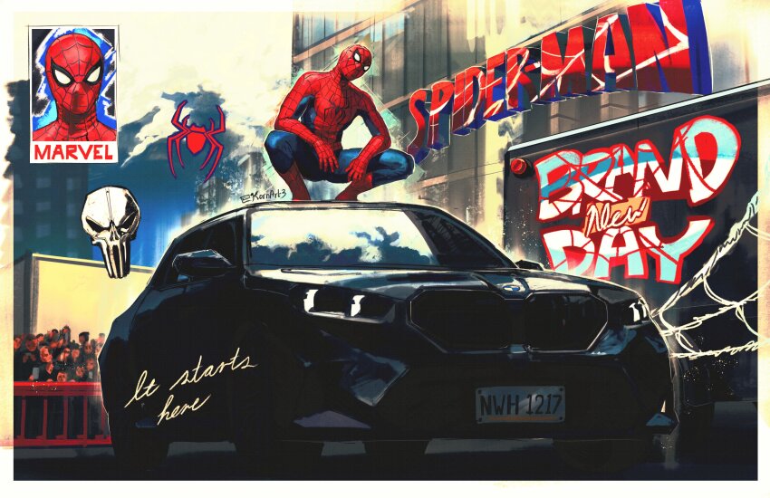 1boy absurdres blue_bodysuit bodysuit car crowd highres kornart male_focus marvel motor_vehicle red_bodysuit red_mask solo solo_focus spider-man spider-man_(series) superhero_costume