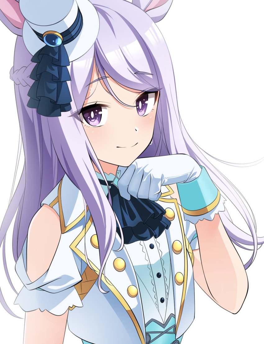 1girl animal_ears black_neckwear braid closed_mouth clothing_cutout dress_shirt floating_hair french_braid gloves hair_between_eyes hat highres long_hair looking_at_viewer mejiro_mcqueen_(end_of_sky)_(umamusume) mejiro_mcqueen_(umamusume) mini_hat nyanmaru purple_eyes purple_hair shirt shoulder_cutout simple_background smile solo sweatdrop swept_bangs umamusume upper_body white_background white_gloves white_hat white_shirt