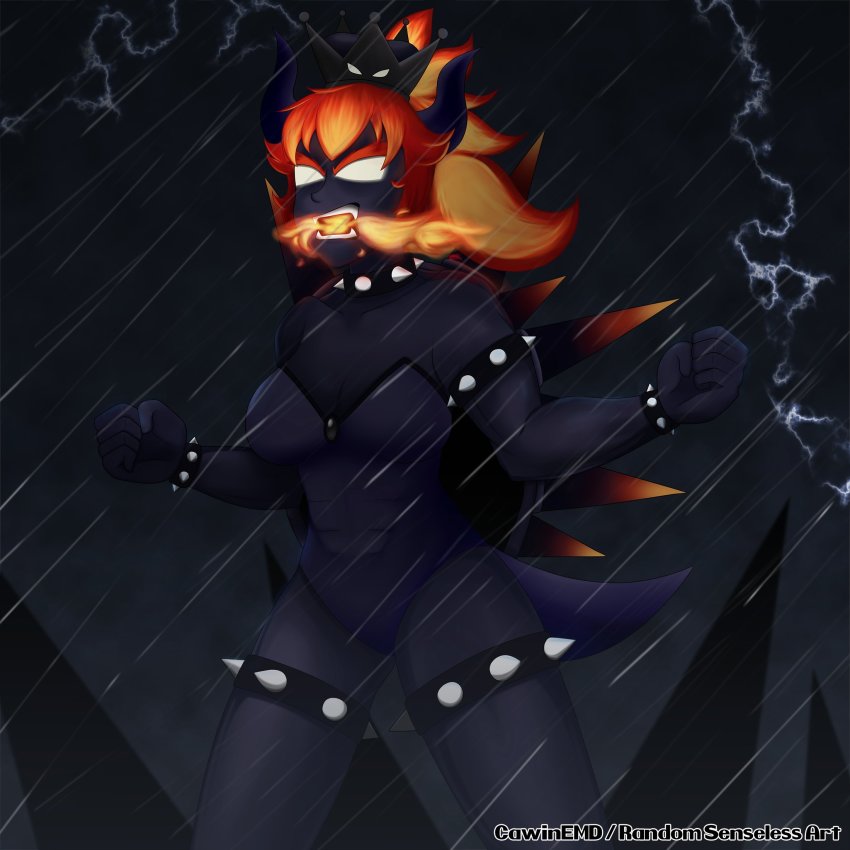 1girl angry armlet artist_name black_skin bowsette bracelet breasts colored_skin crown electricity fangs fury_bowser giant giantess glowing glowing_eyes glowing_mouth highres horns jewelry kaiju large_breasts lightning long_hair mario_(series) meme monster_girl new_super_mario_bros._u_deluxe nintendo no_pupils open_mouth rain red_hair spiked_armlet spiked_bracelet spiked_shell spikes storm super_crown tail thick_eyebrows thighs thunder