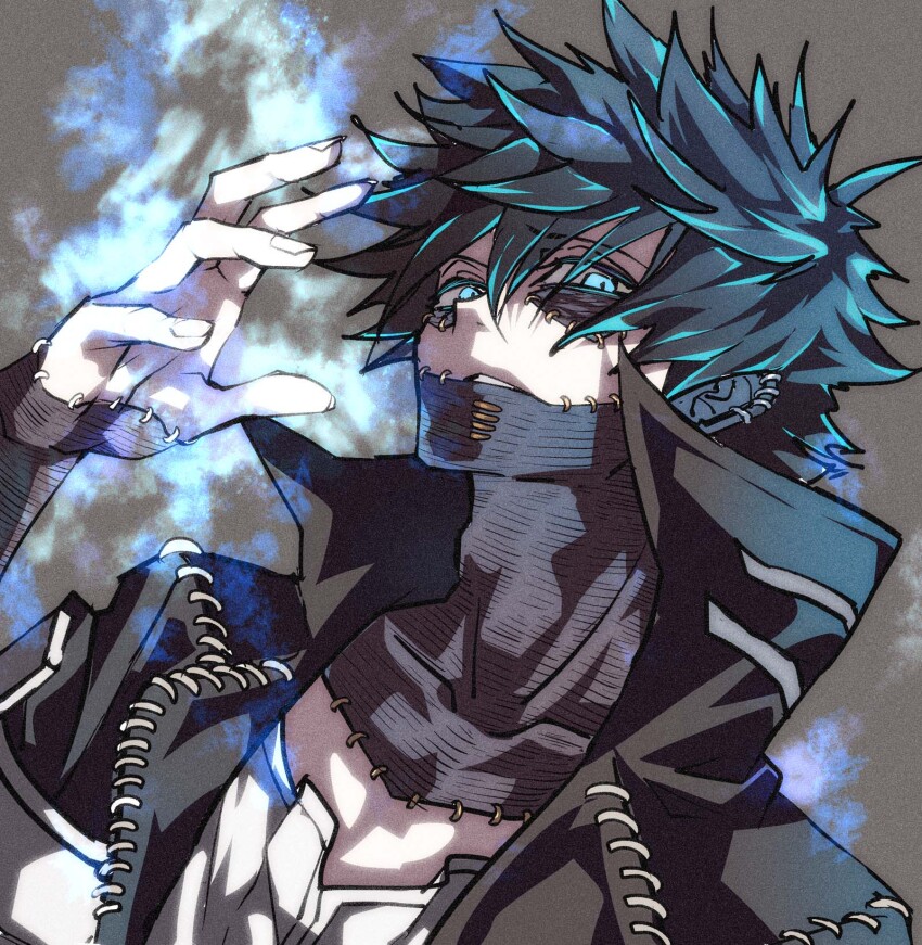 1boy adam&#039;s_apple black_jacket blue_eyes blue_fire blue_hair boku_no_hero_academia collarbone dabi_(boku_no_hero_academia) earrings fingernails fire grey_background hair_between_eyes high_collar highres jacket jewelry kg_kkgg long_sleeves looking_at_viewer male_focus scar scar_on_arm scar_on_face shirt short_hair solo spiked_hair upper_body white_shirt