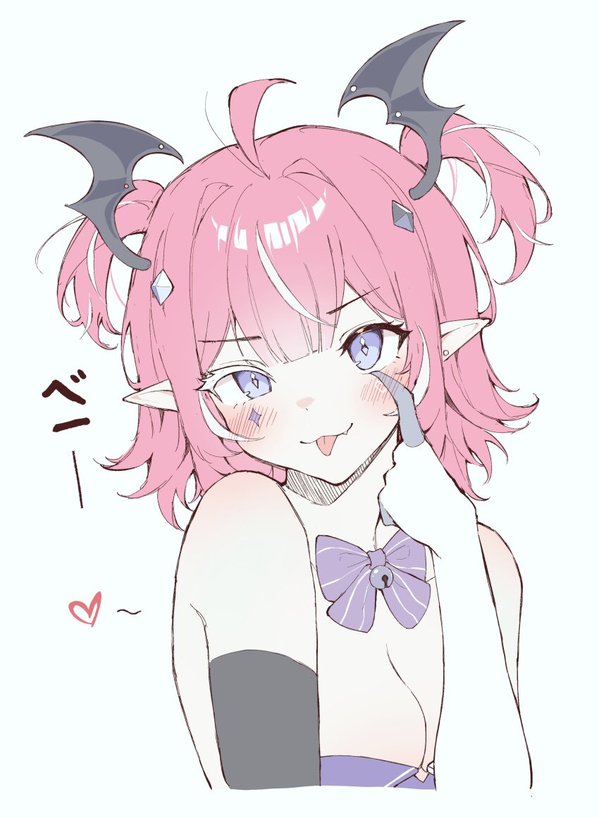 1girl :3 :p absurdres ahoge asymmetrical_gloves bare_shoulders black_gloves blush bow bowtie breasts camila_(vtuber) cleavage commentary cropped_torso demon_girl double-parted_bangs elbow_gloves gloves head_wings heart highres indie_virtual_youtuber medium_breasts mismatched_gloves pointy_ears purple_bow purple_bowtie simple_background solo sparkle_facial_mark strapless symbol-only_commentary tofumang tongue tongue_out upper_body v-shaped_eyebrows virtual_youtuber white_background white_gloves wings