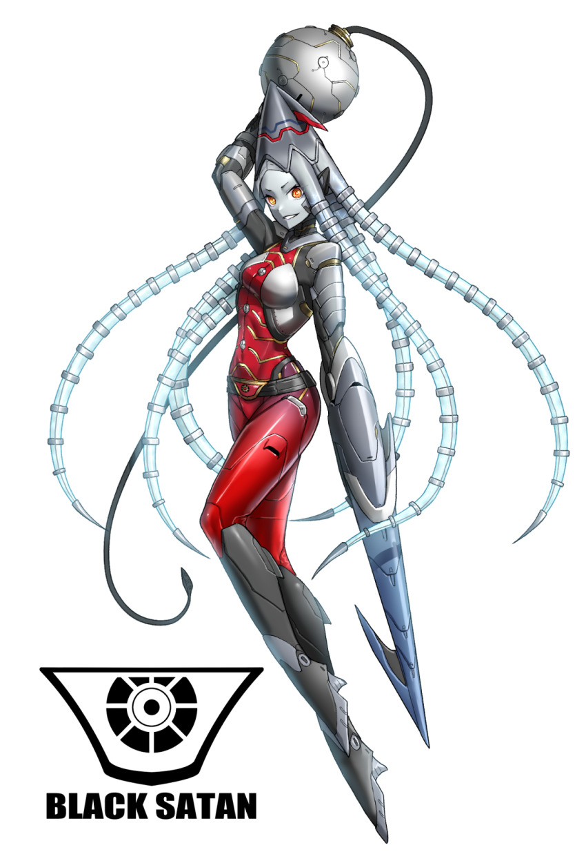 1girl arm_up belt belt_buckle black_belt blade_arm bodysuit buckle colored_skin commentary cyborg eidenjyou1997 electricity emblem english_commentary full_body genderswap genderswap_(mtf) grey_skin hat highres kamen_rider kamen_rider_stronger_(series) kikkaijin_elekiika looking_at_viewer monster_girl simple_background smile solo squid_girl squid_hat teeth tentacle_hair tentacles whip white_background yellow_eyes