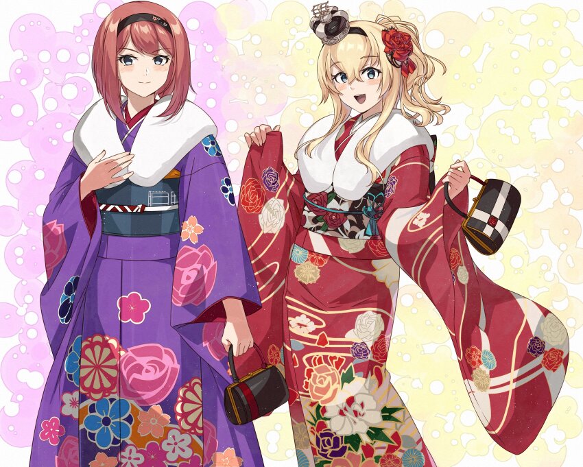 2girls absurdres ark_royal_(kancolle) black_hairband blonde_hair blue_eyes commentary commission crown floral_print flower hair_flower hair_ornament hairband highres japanese_clothes kanmiya_shinobu kantai_collection kimono looking_at_viewer mini_crown multiple_girls obi open_mouth ponytail purple_kimono red_flower red_hair red_kimono red_rose rose sash sidelocks simple_background skeb_commission tassel warspite_(kancolle) warspite_(new_year)_(kancolle) wide_sleeves