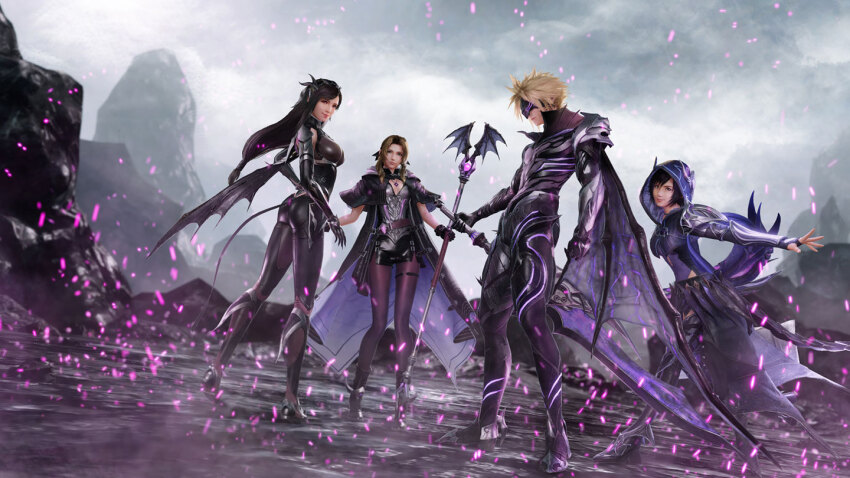 1boy 3d 3girls aerith_gainsborough aerith_gainsborough_(bahamut_robe) armor assault_visor asymmetrical_bangs black_bodysuit black_cloak black_hair black_skirt blonde_hair bodysuit brown_hair claws cloak cloud_strife cloud_strife_(bahamut_garb) day detached_sleeves dragon_tail dutch_angle facial_mark final_fantasy final_fantasy_vii final_fantasy_vii_ever_crisis full_body grey_sky holding holding_staff holding_sword holding_weapon hood hood_up light_particles long_hair looking_back low-tied_long_hair mage_staff multiple_girls official_alternate_costume official_art outdoors outstretched_arm overcast parted_bangs pauldrons promotional_art rock short_hair shoulder_armor sidelocks skirt sky smile spiked_hair staff standing sword tail thigh_strap third-party_source tifa_lockhart tifa_lockhart_(bahamut_suit) tight_clothes wavy_hair weapon yuffie_kisaragi yuffie_kisaragi_(bahamut_mantle)
