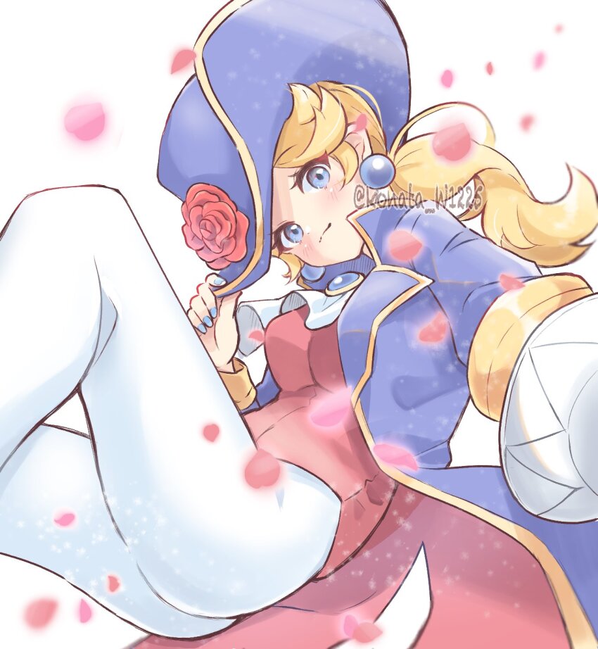 1girl blonde_hair blue_coat blue_eyes blue_hat blue_nails breasts closed_mouth coat commentary_request falling_petals flower gold_trim hat hat_flower highres konata_w1225 large_breasts long_hair looking_at_viewer mario_(series) nintendo pants petals princess_peach princess_peach:_showtime! red_flower simple_background smile solo swordfighter_peach white_background white_pants