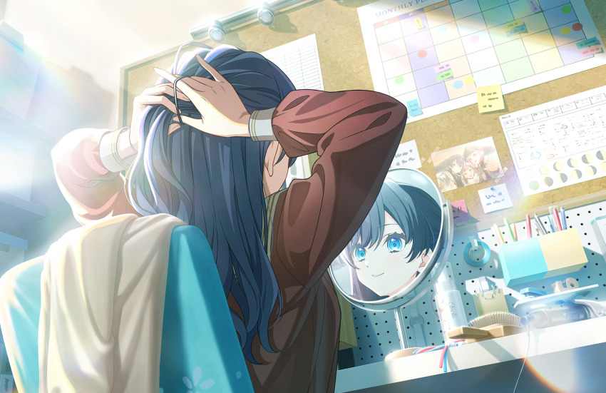 1girl arms_up blue_eyes blue_hair blue_ribbon brown_cardigan brown_dress bulletin_board cardigan closed_mouth cosmetics dollchestra dorm dress dutch_angle from_behind game_cg hair_brush half_updo hasu_no_sora_school_uniform highres indoors kachimachi_kosuzu kachimachi_kosuzu_(winter_casual) link!_like!_love_live! long_hair long_sleeves love_live! mirror moon_phases morning murano_sayaka murano_sayaka_(winter_casual) non-web_source official_art photo_(object) red_ribbon ribbon sailor_collar sailor_dress school_uniform sitting smile solo sticky_note tape timetable tying_hair unworn_cardigan virtual_youtuber white_sailor_collar winter_uniform yugiri_tsuzuri yugiri_tsuzuri_(winter_casual)