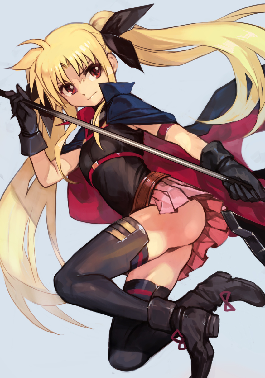 1girl absurdres arm_strap ass bardiche_(nanoha) belt belt_bra black_cape black_gloves black_thighhighs blonde_hair boots cape fate_testarossa fate_testarossa_(movie_1st_form) female_focus frown gloves grey_background hair_ribbon highres holding holding_weapon hungry_clicker long_hair looking_to_the_side lyrical_nanoha mahou_shoujo_lyrical_nanoha mahou_shoujo_lyrical_nanoha_the_movie_1st parted_bangs pink_skirt red_eyes ribbon scythe simple_background skirt solo thighhighs twintails very_long_hair weapon