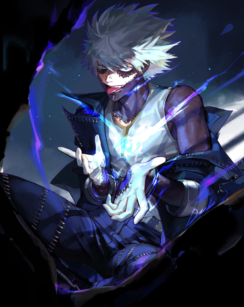 1boy absurdres black_jacket boku_no_hero_academia burn_scar collarbone cuffs dabi_(boku_no_hero_academia) dongzak_o0 face_piercing handcuffs highres jacket looking_at_viewer male_focus nose_piercing pants piercing scar scar_on_arm scar_on_face scar_on_hand scar_on_neck scars_all_over short_hair smile solo spiked_hair stitched_face stitched_hand stitches tank_top teeth tongue tongue_out too_many unworn_jacket white_hair white_tank_top