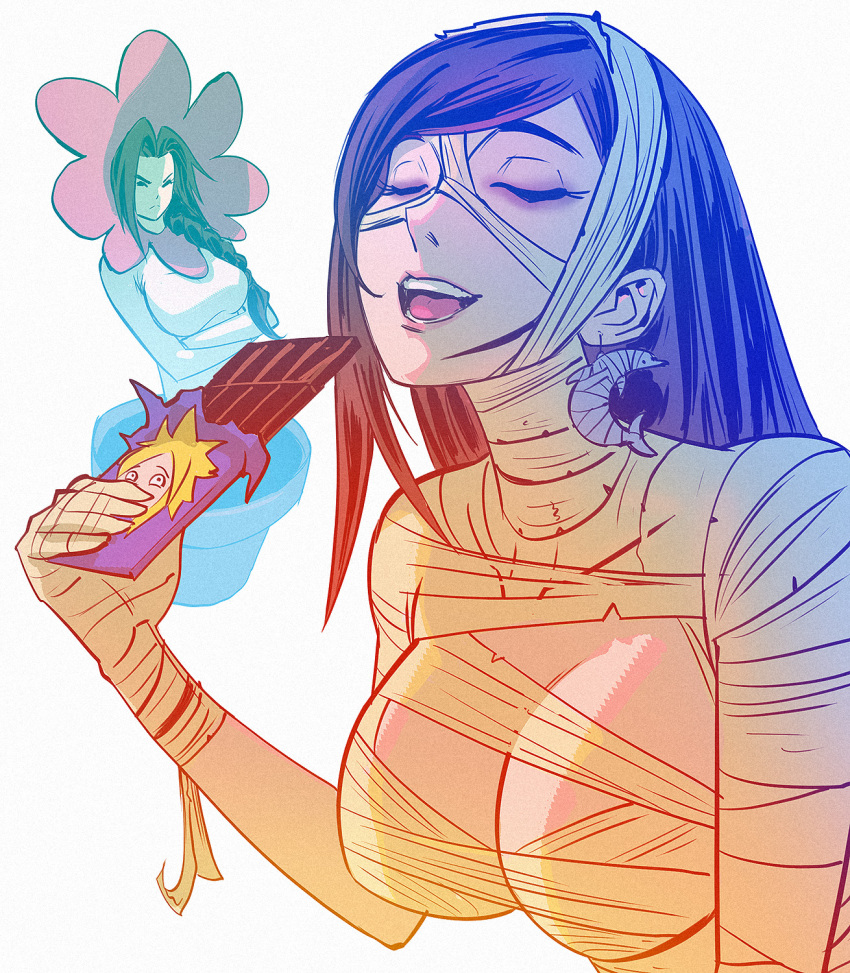 aerith_gainsborough black_hair breasts brown_hair candy chocolate chocolate_bar cleavage cleavage_cutout closed_eyes clothing_cutout davecavedraws dolphin_hair_ornament earrings eating envy final_fantasy final_fantasy_vii final_fantasy_vii_remake flower_costume flower_pot food halloween halloween_costume highres jealous jewelry large_breasts long_hair makeup medium_breasts mummy_costume open_mouth simple_background single_earring tifa_lockhart white_background