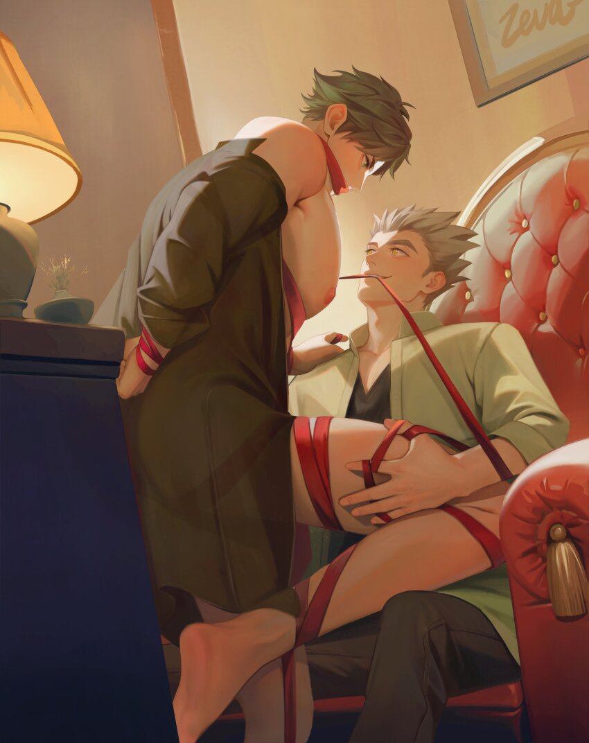2boys absurdres akaashi_keiji bare_pectorals black_coat black_pants black_shirt bokuto_koutarou bottomless brown_hair chest_of_drawers coat collared_shirt covered_mouth eye_contact green_eyes grey_hair haikyuu!! hair_slicked_back hand_on_another&#039;s_shoulder hand_on_another&#039;s_thigh highres indoors lamp looking_at_another male_focus multiple_boys nipples open_clothes open_shirt pants pectorals picture_frame popped_collar red_ribbon ribbon ribbon_around_body shirt short_hair sidepec sitting smile standing standing_on_one_leg tassel teeth v-neck white_shirt yaoi yellow_eyes zeva0326