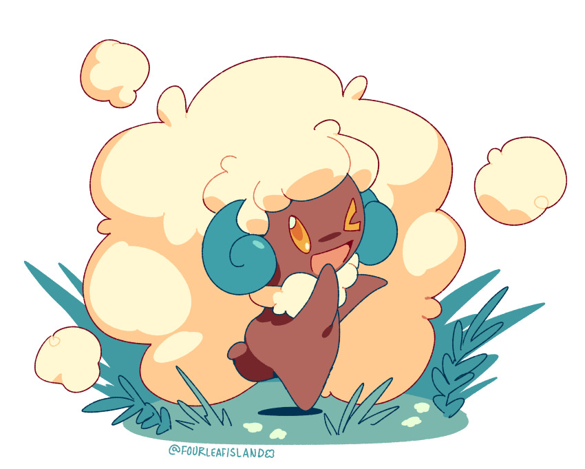 ;d absurdres animal_focus artist_name clip_studio_paint_(medium) commentary english_commentary fourleafisland full_body gen_5_pokemon grass highres making-of_available nintendo no_humans one_eye_closed open_mouth outdoors pokemon pokemon_(creature) running simple_background smile solo whimsicott white_background yellow_eyes