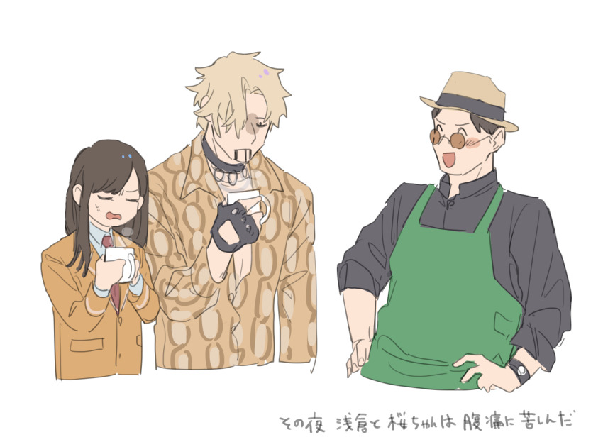 1girl 2boys apron armor asakura_takeshi barista bbbb_fex black_eyes coffee_mug cup gloves green_apron hand_on_own_hip igarashi_sakura isurugi_souichi kamen_rider kamen_rider_build_(series) kamen_rider_revice kamen_rider_ryuki_(series) mug multiple_boys necktie orange_gloves purple_armor red_armor school_uniform shirt sleeves_rolled_up smile snake_print staff trait_connection translation_request