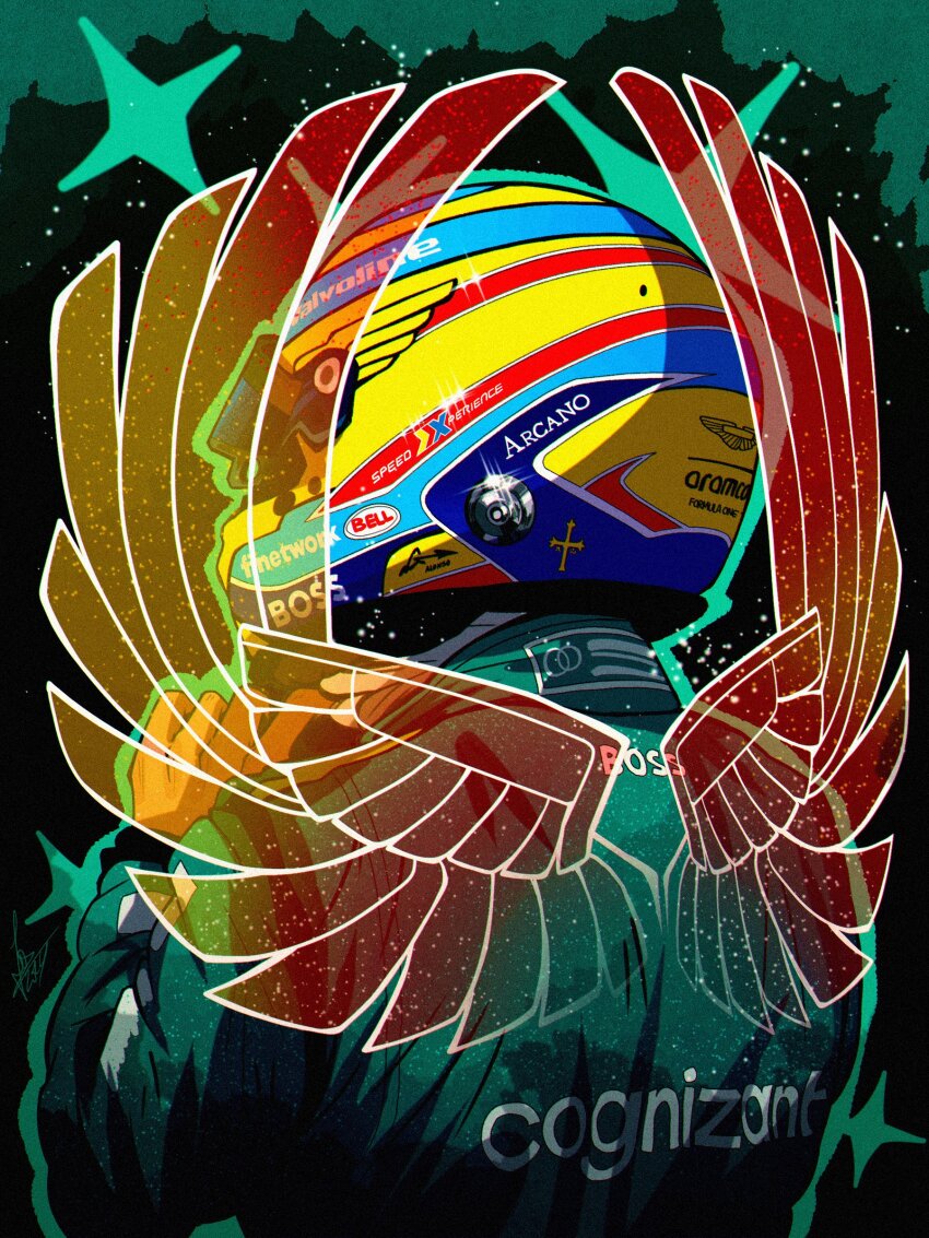 1boy absurdres commentary fernando_alonso formula_one from_behind glint green_jacket highres hologram jacket male_focus racing_suit real_life schumisnoopy solo sparkle sponsor star_(sky) symbol-only_commentary wings