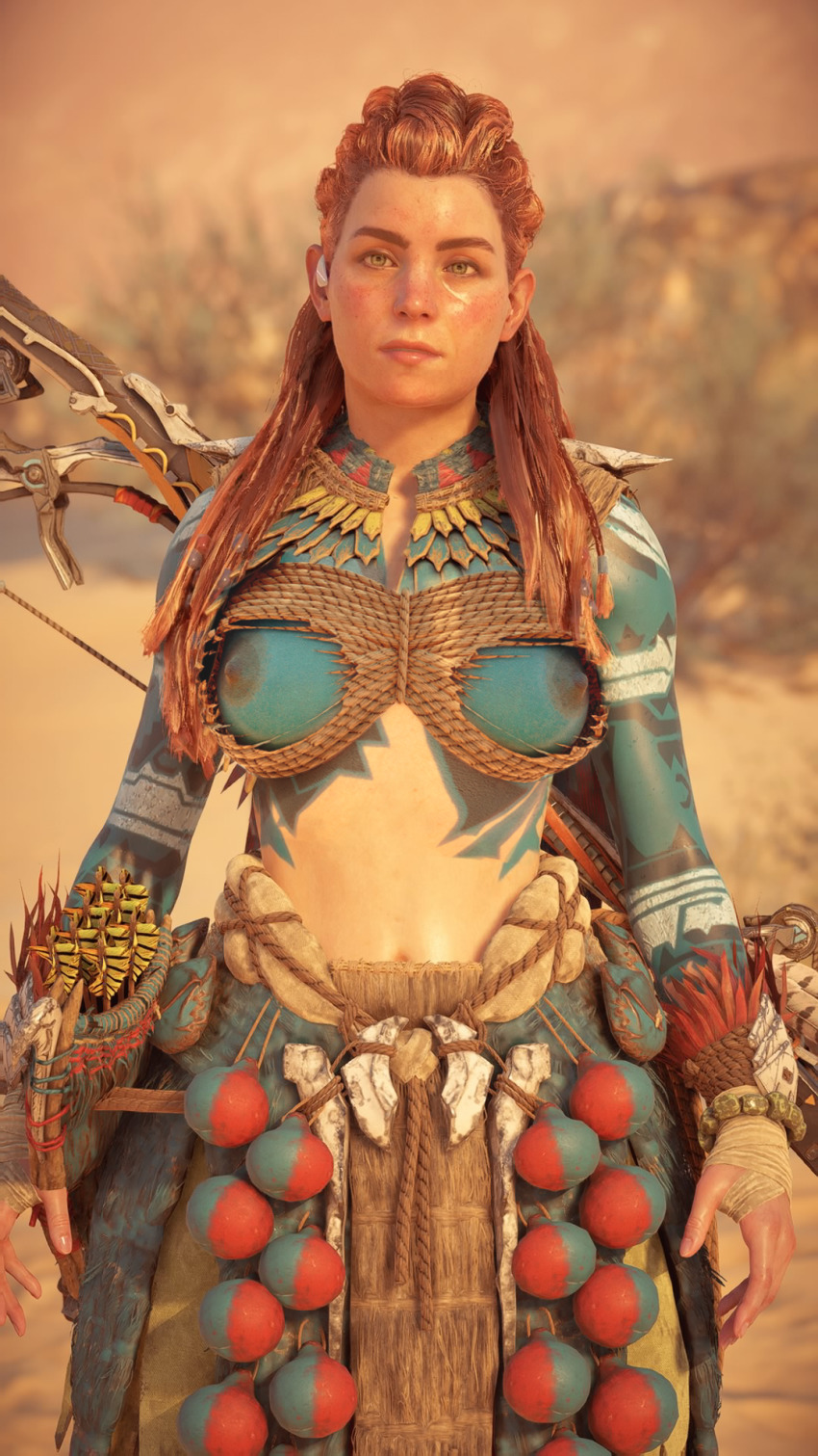 1girl 3d aloy_(horizon) bodypaint braid breasts female_focus freckles game_cg game_console glitch highres horizon_(video_game) horizon_forbidden_west horizon_zero_dawn long_hair messy_hair navel nipples outdoors red_hair solo sweat tribal upper_body video_game