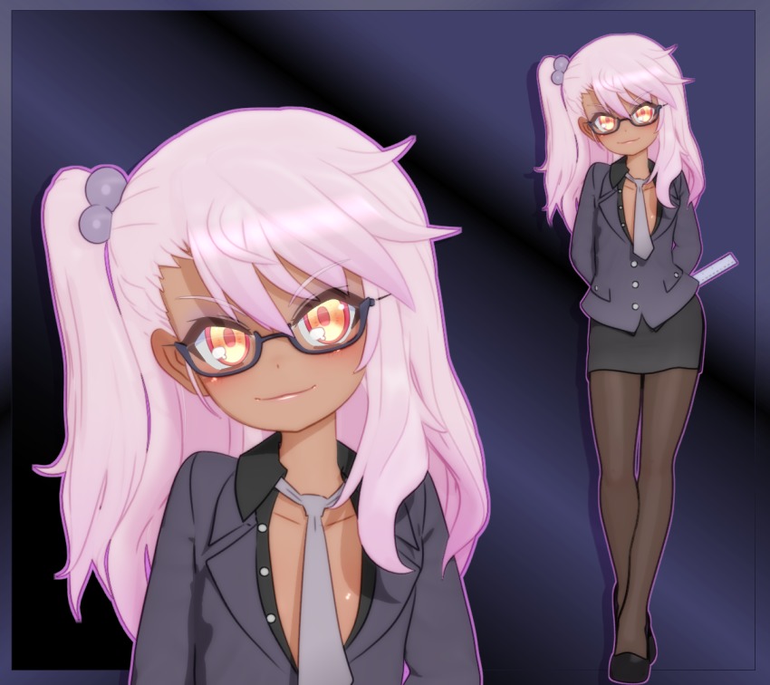 &gt;:) 1girl 3d alternate_costume arms_behind_back bespectacled black-framed_eyewear black_pantyhose black_shoes black_skirt blush chloe_von_einzbern closed_mouth collarbone dark-skinned_female dark_skin fate/kaleid_liner_prisma_illya fate_(series) female_focus flat_chest full_body glasses grey_necktie gs-mantis hair_between_eyes hair_bobbles hair_ornament lips long_hair long_sleeves looking_at_viewer multicolored_nails nail_polish naughty_face necktie no_bra outline pantyhose partially_unbuttoned pencil_skirt pink_hair purple_background ruler shoes skirt solo standing two-tone_background upper_body v-shaped_eyebrows yellow_eyes zoom_layer