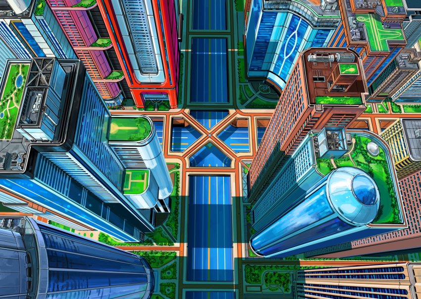 bridge building city cityscape commentary_request from_above grass hai_to_hickory highres lake multi-lane_road no_humans original road scenery science_fiction skyscraper tree