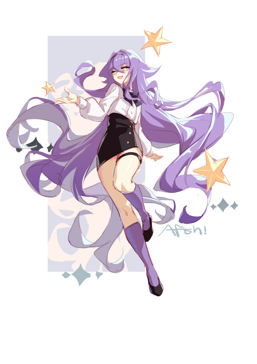 1girl absurdres afish artist_name bare_legs black_footwear black_skirt breasts highres honkai_(series) honkai_impact_3rd legs long_hair official_alternate_costume open_mouth pencil_skirt purple_hair purple_socks shirt sirin sirin_(magic_academy_uniform) sirin_(miracle_magical_girl) skirt small_breasts socks solo star_(symbol) thigh_strap thighs white_shirt yellow_eyes