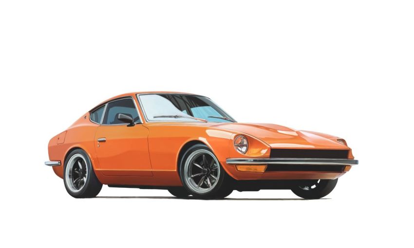 asai_takashi car datsun_240z from_side motor_vehicle nissan nissan_fairlady nissan_fairlady_z no_humans original realistic shadow solo vehicle_focus white_background