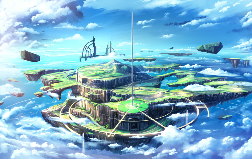 blue_sky cliff cloud day fantasy floating_island landscape mountain no_humans original road scenery sky soraizumi spire water waterfall