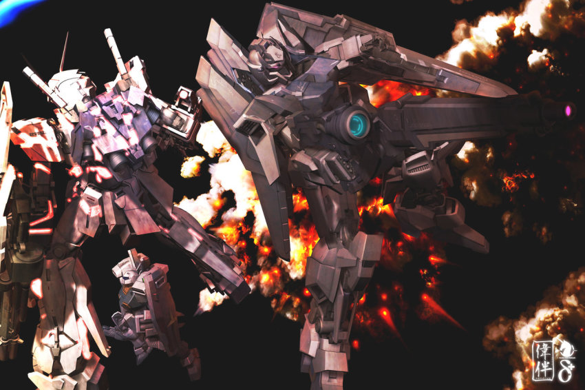battle beam_rifle cannon delta_plus energy_gun explosion gm_iii gun gundam mecha nt-d robot sandrum shield unicorn_gundam weapon