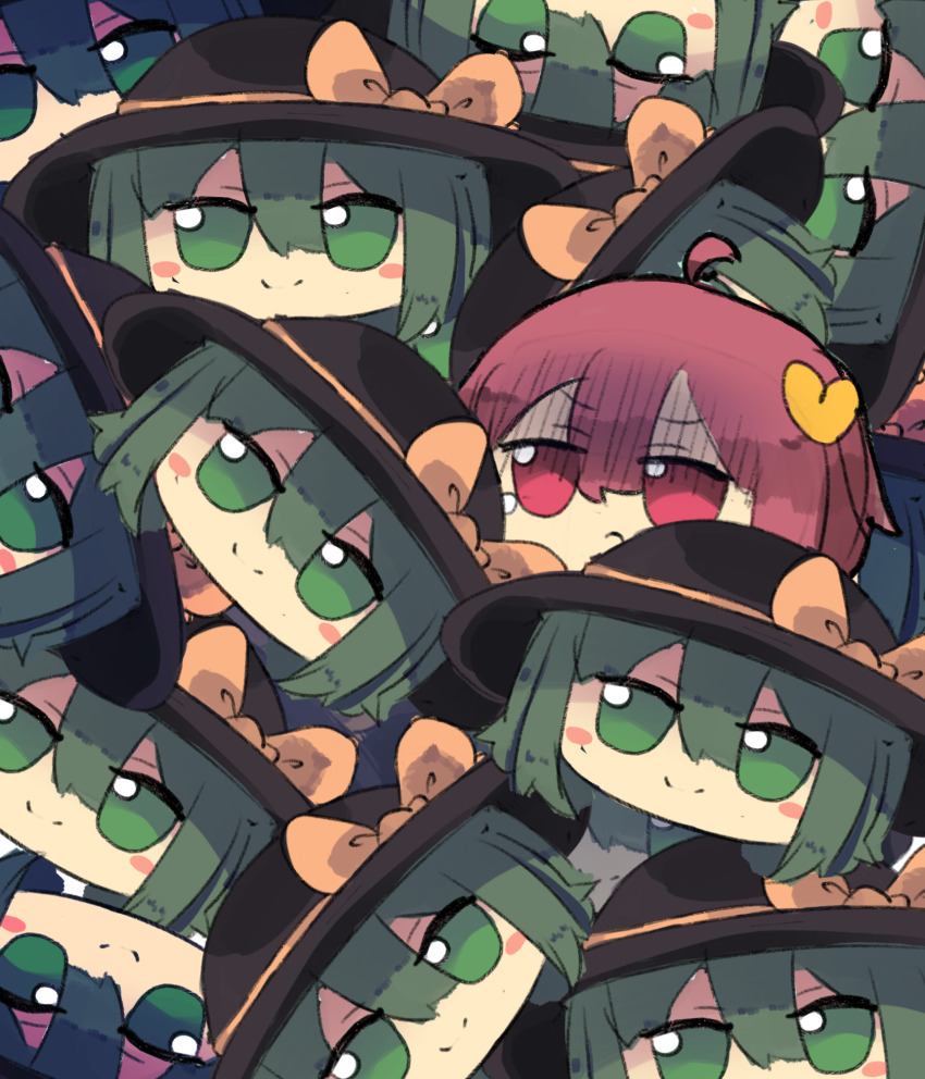 6+girls 7-mirano black_hat bow chibi chibi_only green_eyes green_hair hat hat_bow highres koishi_day komeiji_koishi komeiji_satori multiple_girls pink_eyes pink_hair smile touhou upper_body yellow_bow