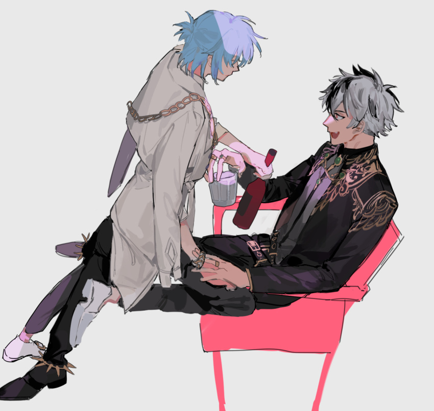 2boys black_hair black_pants blue_hair bottle chair coat coat_on_shoulders cup formal_clothes grey_background grey_hair hair_between_eyes highres holding holding_bottle jewelry long_sleeves looking_at_another mahoutsukai_no_yakusoku male_focus multicolored_hair multiple_boys necktie on_chair pants ponytail qyzhiaiyisheng red_eyes short_hair simple_background sitting sitting_on_lap sitting_on_person two-tone_hair