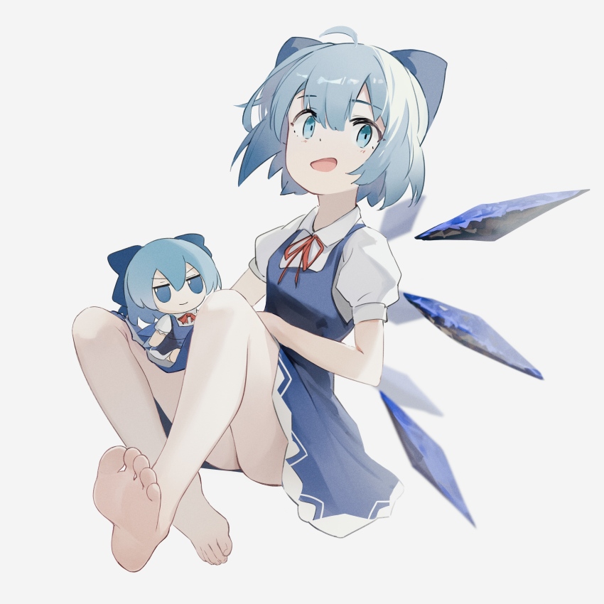 1girl absurdres ahoge bare_legs barefoot blue_bow blue_dress blue_eyes blue_hair bow check_commentary cirno cirno_day collared_dress commentary_request dress feet foot_focus full_body fumo_(doll) grey_background hair_bow highres ice ice_wings on_floor open_mouth puffy_short_sleeves puffy_sleeves red_ribbon ribbon short_hair short_sleeves simple_background sitting soles toes touhou wings ykuu_yousei
