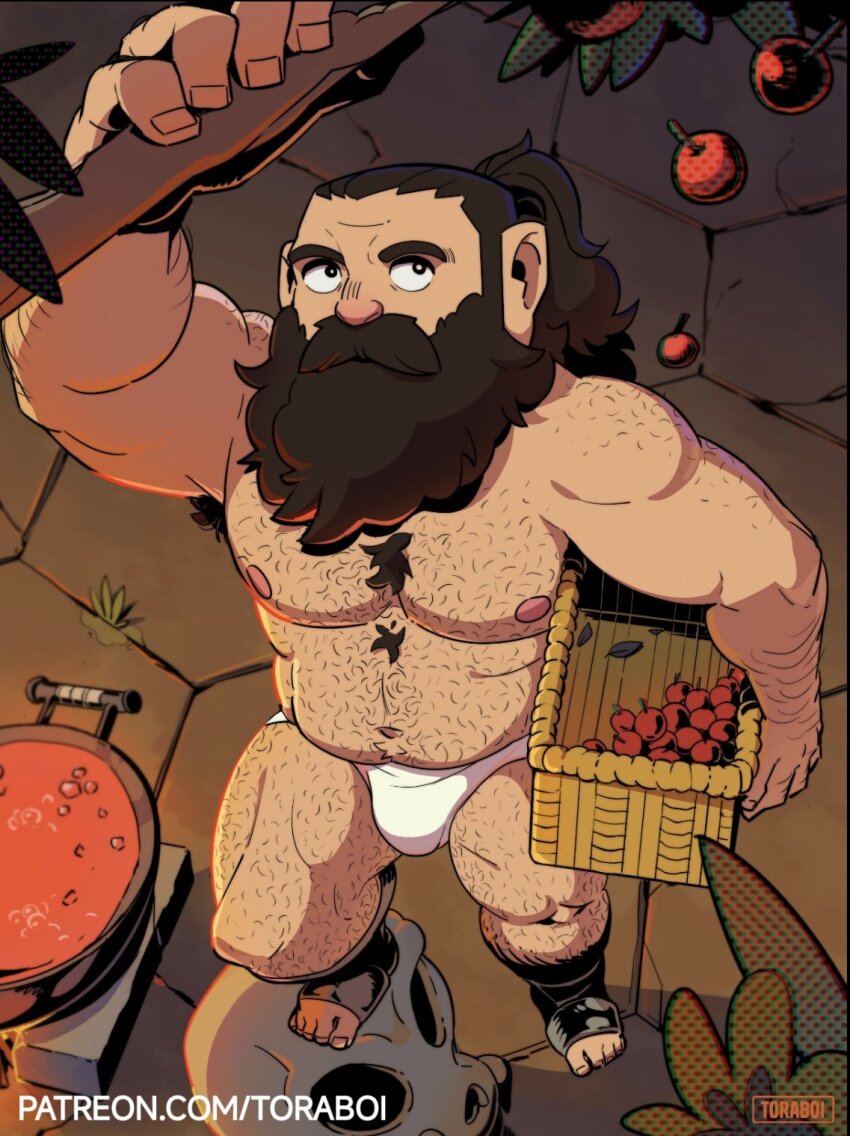 1boy armpit_hair armpit_hair_peek bara beard belly briefs brown_hair bulge chest_tuft dungeon_meshi dwarf facial_hair fat fat_man food from_above fruit full_beard hairy highres large_pectorals long_beard looking_up male_focus male_underwear mature_male muscular muscular_male mustache navel navel_hair nipples paid_reward_available pectorals senshi_(dungeon_meshi) solo sparse_navel_hair stomach thick_arm_hair thick_beard thick_chest_hair thick_eyebrows thick_leg_hair thick_mustache topless_male toraboi underwear very_long_beard white_male_underwear
