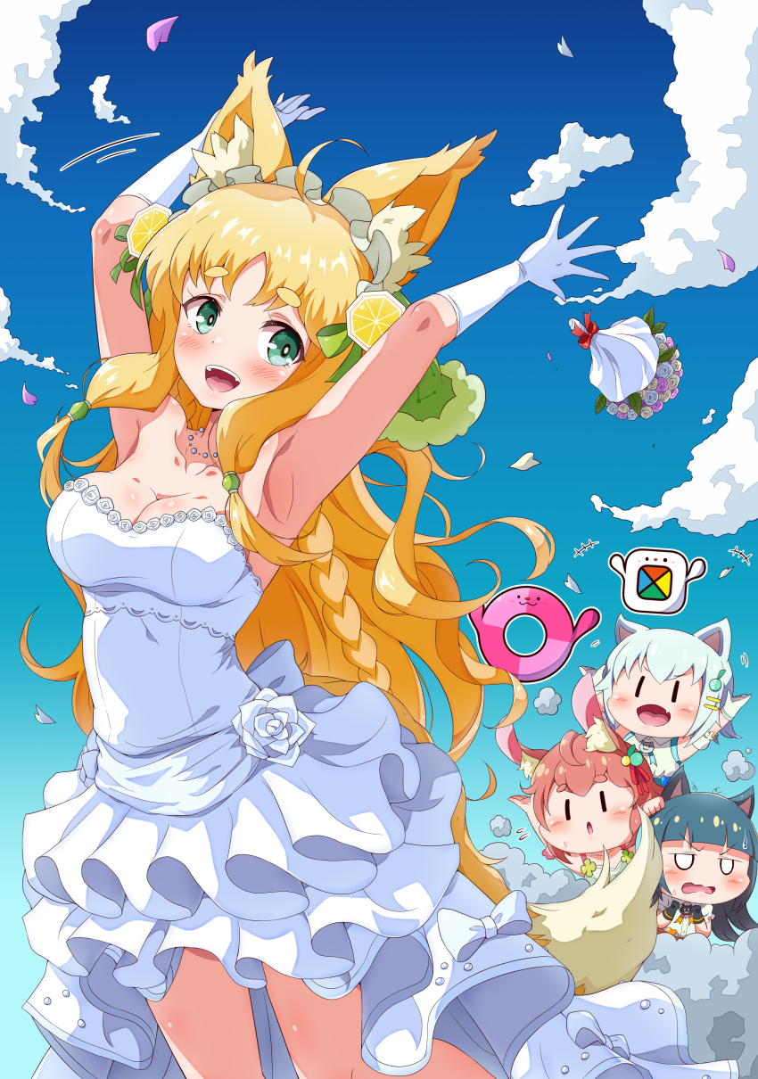 4girls absurdres ahoge animal_ear_fluff animal_ears armpits arms_up bare_shoulders blonde_hair blue_sky blunt_bangs bouquet bouquet_toss braid breasts cat_ears character_request chibi chiffon_(maimai) cleavage cloud collarbone commentary_request dress eggman_(ni_tamagoex) flower forehead gloves green_eyes green_ribbon hair_ornament highres jewelry legs_apart long_bangs long_hair looking_to_the_side maimai_(game) multiple_girls necklace open_mouth original outdoors ribbon rose shadow sky strapless strapless_dress sweatdrop teeth thick_eyebrows upper_teeth_only v-shaped_eyebrows wedding_dress white_dress white_flower white_gloves white_rose