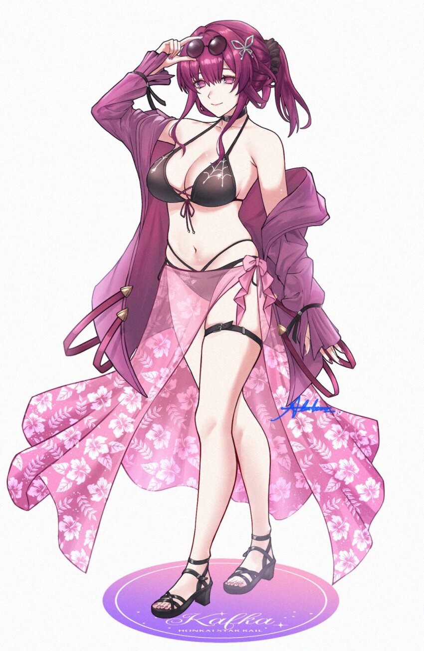1girl alternate_costume belt bikini black_bikini breasts cleavage coat commentary_request eyewear_on_head full_body hal_aluha highres honkai:_star_rail honkai_(series) kafka_(honkai:_star_rail) large_breasts navel oval_background purple_background purple_coat purple_eyes purple_hair purple_sarong round_eyewear sarong see-through_clothes see-through_sarong short_hair solo standing stomach sunglasses swimsuit thigh_belt thigh_strap white_background