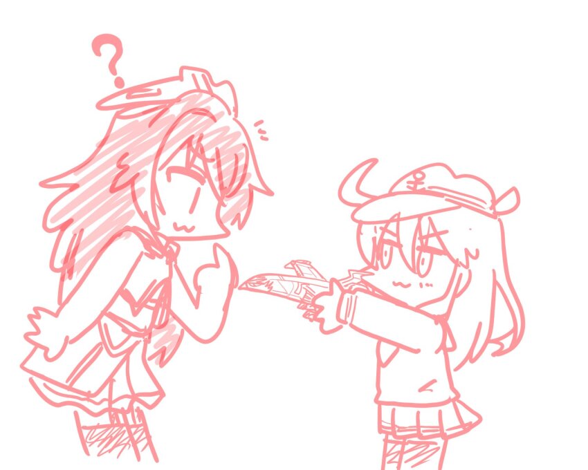 2girls :3 ? commentary english_commentary ferret-san flat_cap hat headgear hibiki_(kancolle) highres kantai_collection messy_hair military_uniform multiple_girls name_connection phoenix_(kancolle) pleated_skirt school_uniform serafuku shirt skirt sleeveless sleeveless_shirt thighhighs toy_airplane