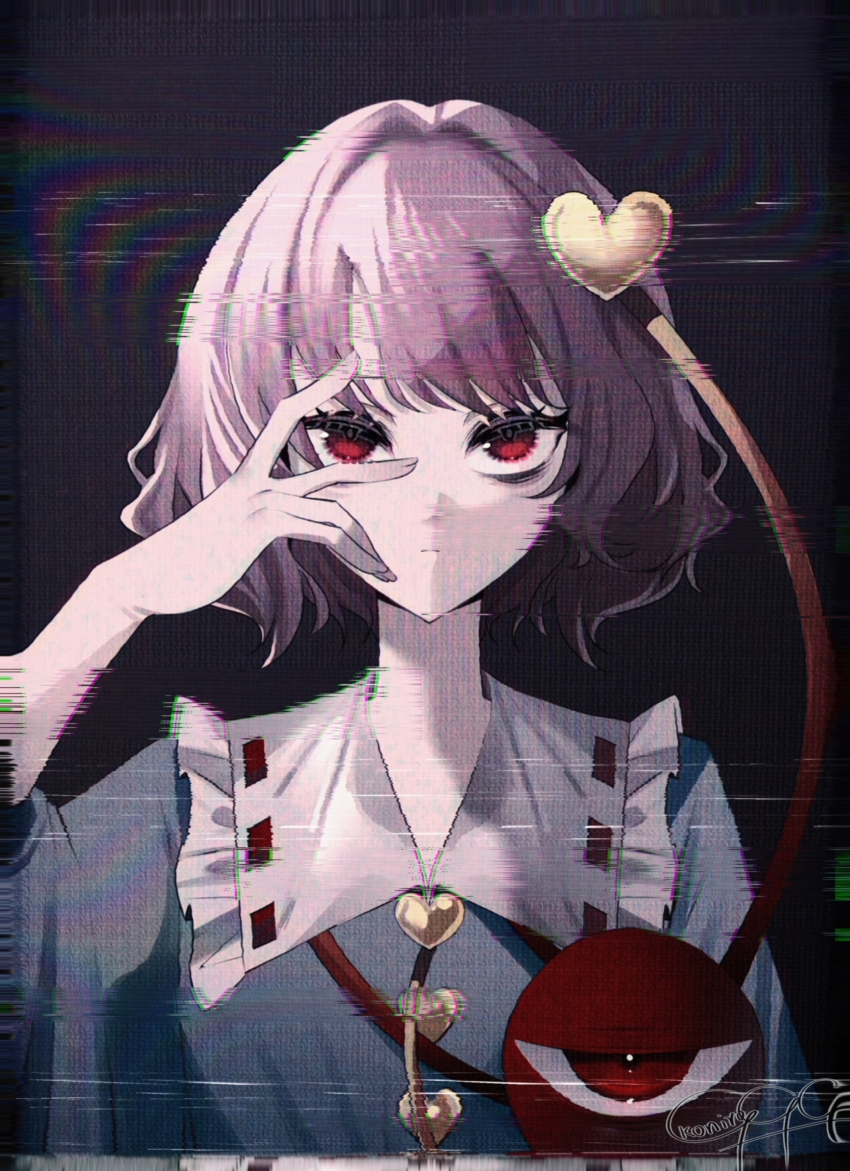 1girl absurdres arm_up bags_under_eyes blue_shirt buttons chinese_commentary closed_mouth collared_shirt commentary_request frilled_shirt_collar frills glitch hair_intakes hair_ornament heart heart_button heart_hair_ornament highres komeiji_satori koniro999 pink_hair red_eyes sanpaku shirt short_hair solo third_eye touhou upper_body
