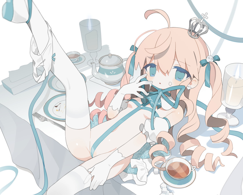 1girl ahoge ascot blue_ascot blue_eyes blue_ribbon breasts candle candlestand collar cross_bikini crotch_strap crown cum cum_string cup daizu_(melon-lemon) detached_collar detached_sleeves drill_hair earrings fork gloves hair_between_eyes hair_ribbon hand_in_thighhighs heart heart_earrings jewelry leg_up long_hair looking_at_viewer lying mini_crown naked_ribbon neck_ribbon on_back on_table orange_hair original panties panties_around_leg plate puffy_short_sleeves puffy_sleeves ribbon short_sleeves small_breasts solo sugar_cube table tablecloth teacup teapot thighhighs tissue_box two_side_up underwear white_background white_collar white_footwear white_gloves white_panties white_sleeves white_thighhighs