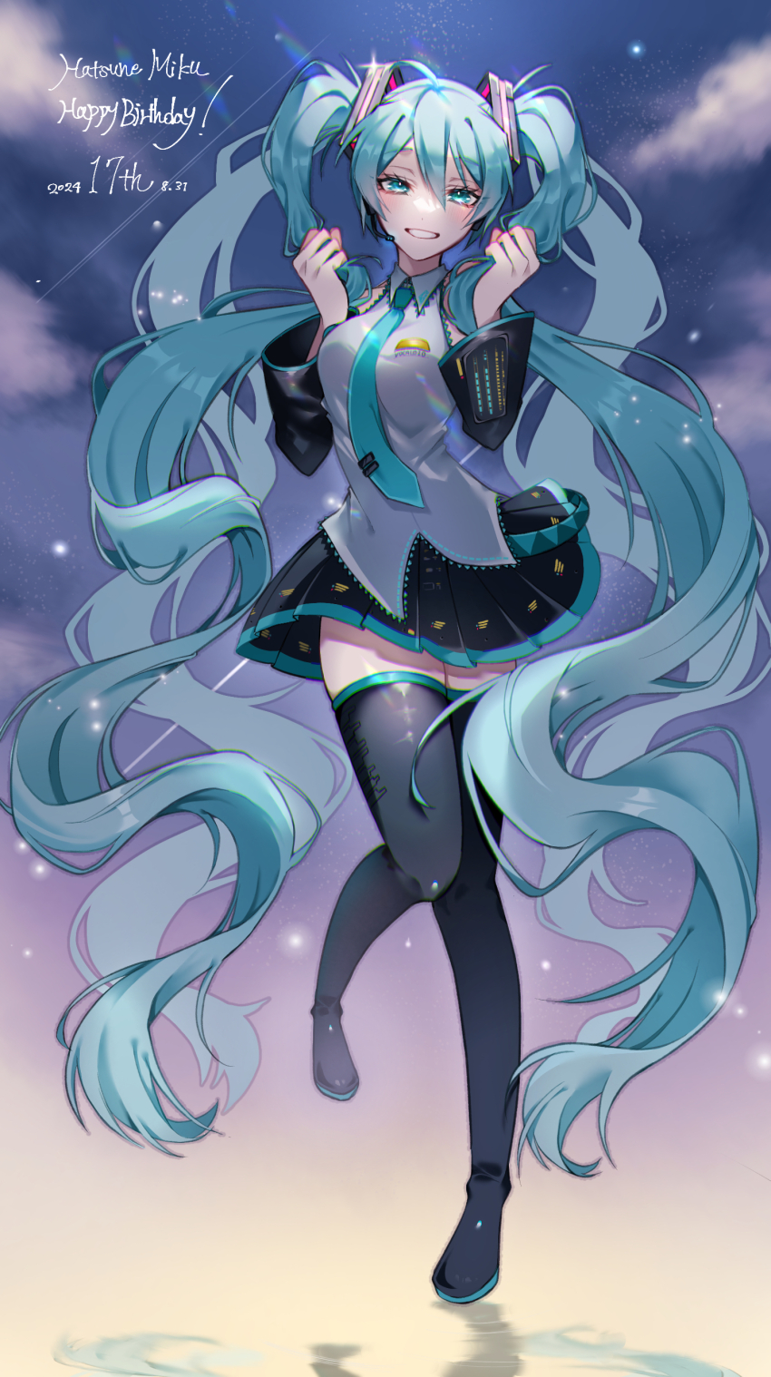 1girl absurdres aqua_eyes aqua_hair aqua_necktie aqua_trim black_skirt blush boots breasts character_name collared_shirt detached_sleeves full_body grey_shirt hair_between_eyes hair_ornament happy_birthday hatsune_miku highres long_hair long_sleeves looking_at_viewer medium_breasts miniskirt necktie parted_lips pleated_skirt shirt skirt sleeveless sleeveless_shirt smile solo thigh_boots thighhighs twintails user_hzpj8427 very_long_hair vocaloid wide_sleeves zettai_ryouiki