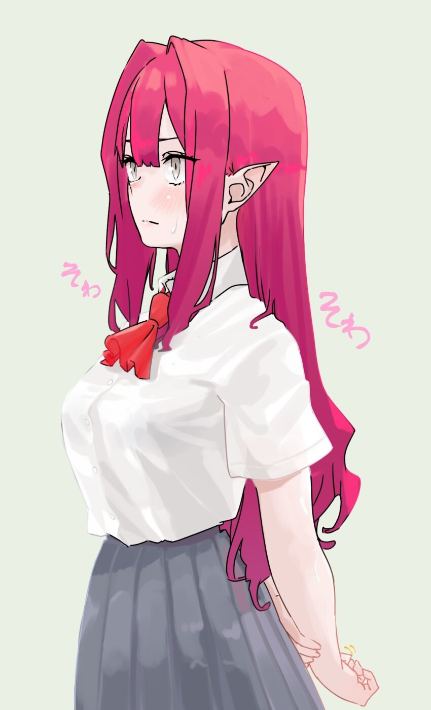 1girl arms_behind_back ascot baobhan_sith_(fate) blush breasts fate/grand_order fate_(series) grey_eyes grey_skirt highres long_hair niwaikanai pink_hair pointy_ears red_ascot school_uniform see-through_clothes see-through_shirt shirt short_sleeves sidelocks skirt solo sweatdrop white_shirt