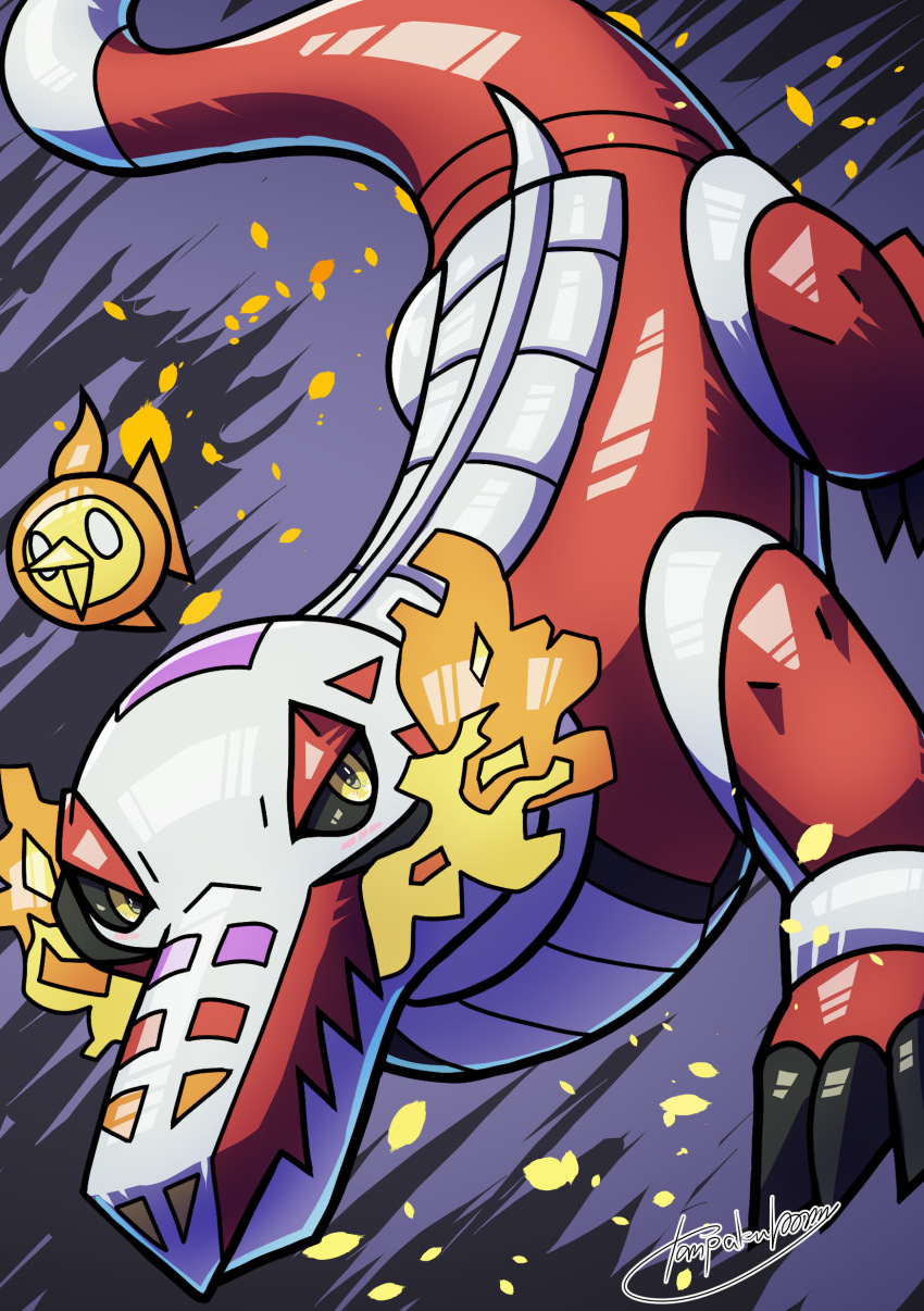 absurdres animal_focus black_sclera claws colored_sclera commentary_request crocodilian fangs fire_bird_(skeledirge) highres looking_at_viewer nintendo no_humans pokemon pokemon_(creature) purple_background signature skeledirge skin_fangs tail tanpakuroom yellow_eyes