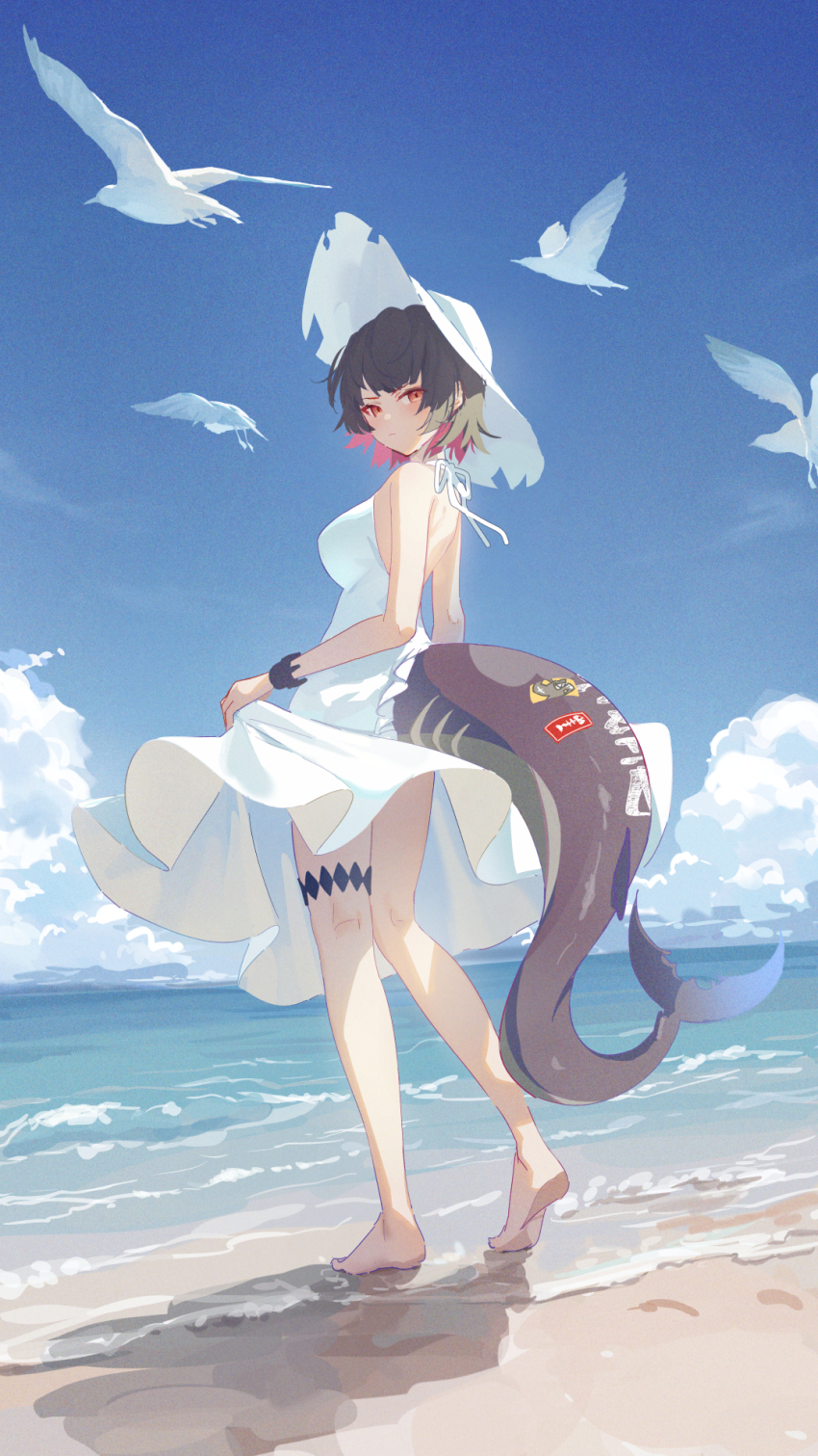 1girl alternate_costume bare_legs barefoot beach bird black_hair blue_sky brat_(brabrabrat00) closed_mouth cloud colored_inner_hair dress ellen_joe fins fish_tail footprints from_behind from_side full_body hair_between_eyes hat highres looking_at_viewer multicolored_hair ocean outdoors red_eyes red_hair sand shadow shark_girl shark_tail short_hair sidelocks sky sleeveless sleeveless_dress solo standing tail two-tone_hair water white_bird white_dress white_hat zenless_zone_zero