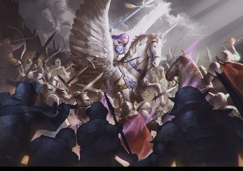 1girl armor army battle bow_(weapon) cape cloud cloudy_sky epic fake_horns fire_emblem fire_emblem:_the_blazing_blade florina_(fire_emblem) helmet holding holding_weapon horned_helmet horns horse illustman_(u_ip8s) long_hair nintendo open_mouth pegasus pegasus_knight_uniform_(fire_emblem) polearm purple_hair riding single_horn sky solo_focus spear sunlight sword war weapon