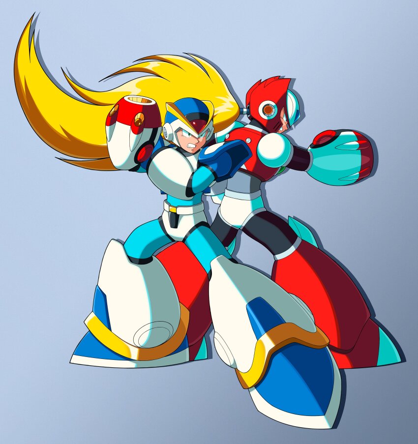2boys absurdres android arm_cannon armor blonde_hair blue_eyes blue_gloves blue_helmet chest_jewel diegodoodles first_armor_x_(mega_man) forehead_jewel full_body gloves green_eyes helmet highres long_hair looking_to_the_side male_focus mega_man_(series) mega_man_x1 mega_man_x_(series) multiple_boys official_style ponytail robot robot_ears sensei_haruki_suetsugu_(style) shoulder_armor simple_background standing teeth two_side_up weapon white_armor white_helmet x_(mega_man) zero_(mega_man)