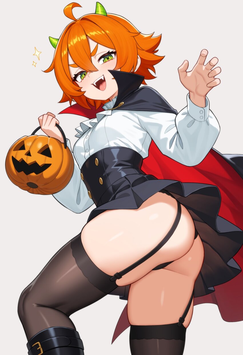 1girl absurdres ahoge ascot ass black_cape black_garter_belt black_panties black_skirt black_thighhighs blush breasts bucket cape commentary fangs from_side garter_belt green_eyes green_horns hair_between_eyes halloween_bucket high-waist_skirt highres holding holding_bucket horns jack-o&#039;-lantern long_sleeves looking_at_viewer momo_(moursho) moursho open_mouth orange_hair original panties shirt short_hair simple_background skirt small_breasts solo standing thighhighs two-sided_cape two-sided_fabric underwear white_ascot white_background white_shirt