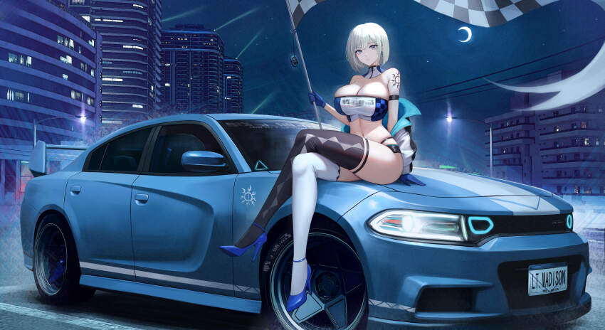 1girl absurdres arm_strap asymmetrical_legwear bandeau bare_shoulders black_shorts black_thighhighs blue_eyes blue_footwear blue_gloves breasts building car checkered_flag cityscape cleavage closed_mouth crescent_moon crossed_legs detached_collar dodge_(company) dodge_charger dodge_charger_(7th_generation) earrings expressionless flag gloves high_heels highleg highres holding holding_flag jacket jewelry kcar66t large_breasts long_sleeves looking_at_viewer madison_brooks micro_shorts mismatched_legwear moon motor_vehicle night off_shoulder on_car open_clothes open_jacket outdoors panty_straps race_queen shirt short_hair shorts shoulder_tattoo sitting sitting_on_car skindentation solo sports_car strapless tatakau_ni_atai_suru tattoo taut_clothes taut_shirt thigh_strap thighhighs thighs tube_top two-tone_shirt white_hair white_jacket white_shirt white_thighhighs wide_shot