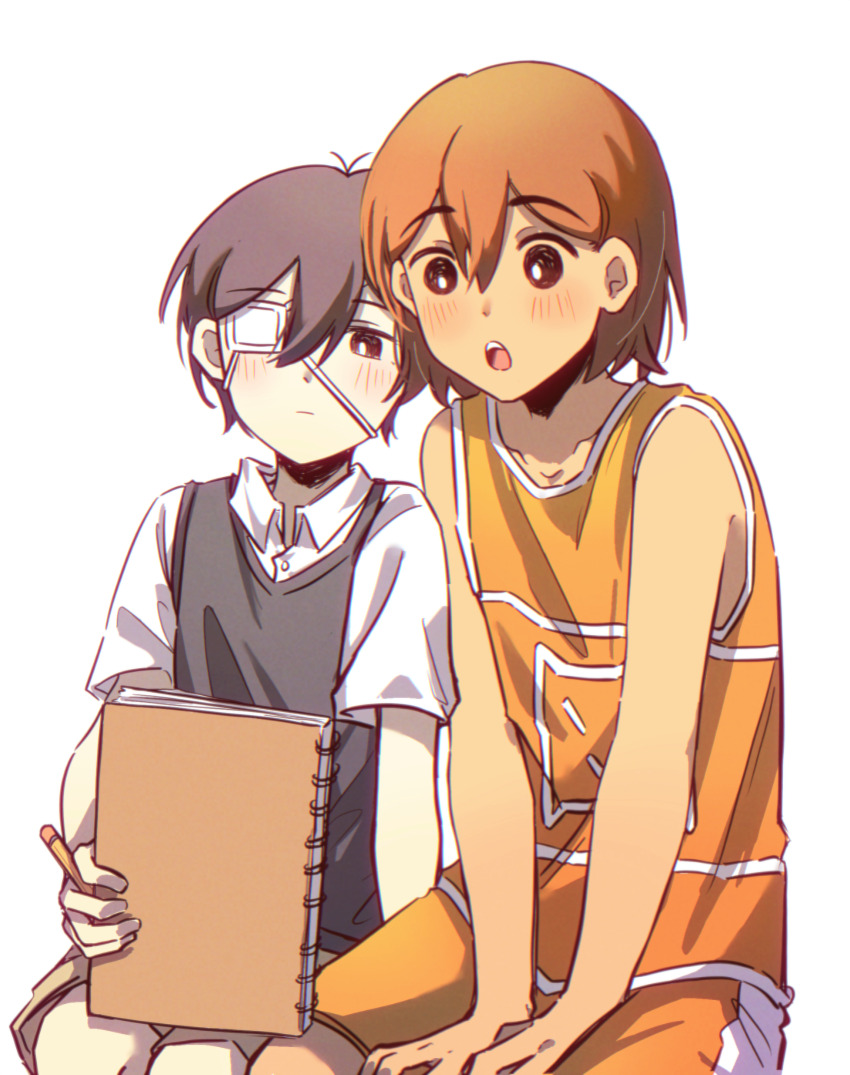 2boys :o absurdres antenna_hair arms_between_legs bailan1130 bare_arms bare_shoulders between_fingers black_eyes black_hair black_sweater_vest blush bright_pupils brown_hair closed_mouth collared_shirt cowboy_shot double-parted_bangs eyepatch hair_between_eyes highres holding holding_notebook holding_pencil kel_(faraway)_(omori) kel_(omori) looking_at_object male_focus multiple_boys notebook omori open_mouth orange_shorts orange_tank_top pencil shirt short_hair shorts side-by-side simple_background sitting spoilers sunny_(omori) sweater_vest tank_top v_arms white_background white_pupils white_trim
