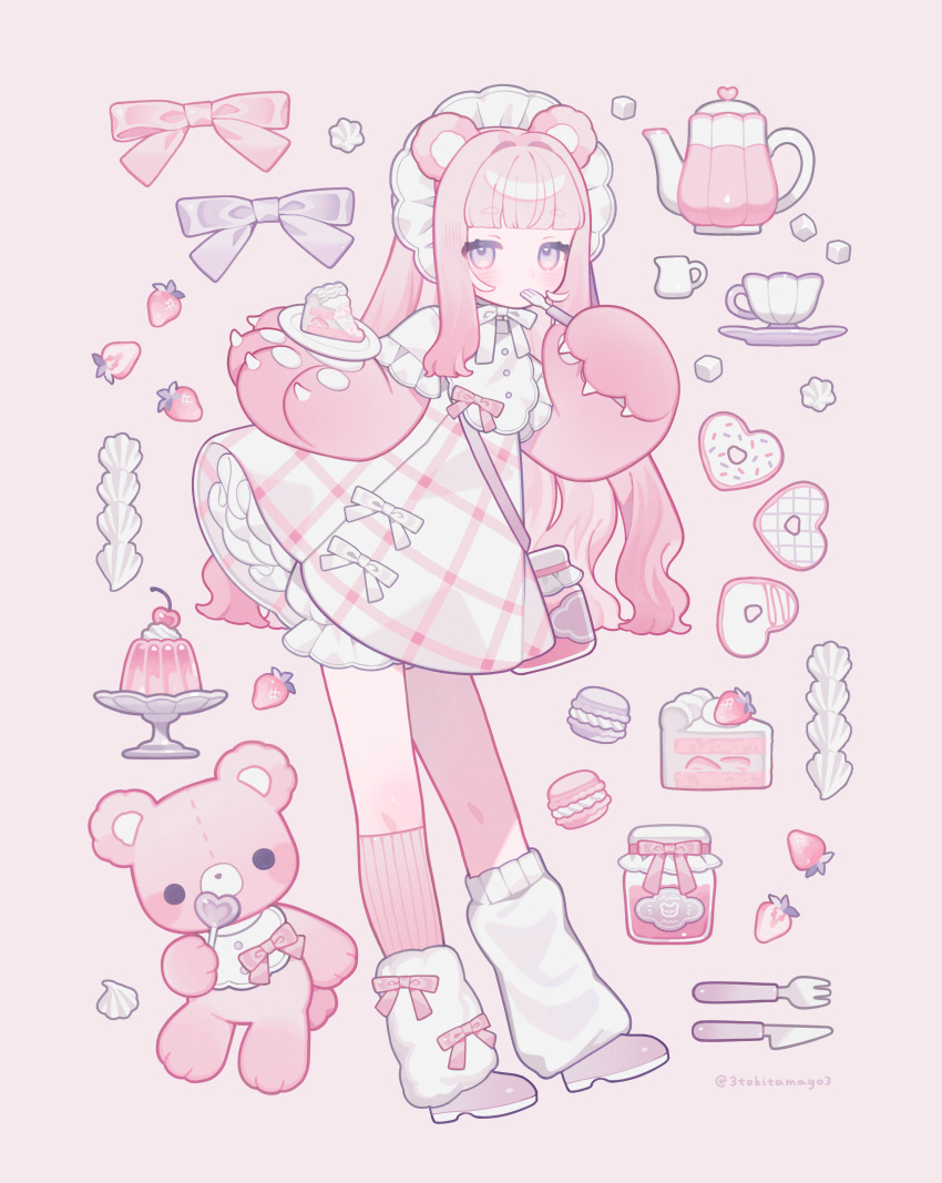 1girl 3tokitamago absurdres animal_ears animal_hands asymmetrical_legwear bag bear_ears bloomers bonnet cake cake_slice commentary cookie cup dress food fork frilled_sleeves frills fruit full_body grey_eyes hair_intakes heart heart-shaped_cookie heart-shaped_food highres holding holding_fork jam kneehighs knife leg_warmers long_hair macaron mismatched_legwear original petticoat pink_dress pink_hair pink_ribbon pink_socks pink_theme plaid_clothes plaid_dress pudding purple_ribbon purple_shoes ribbon saucer shoes short_sleeves shoulder_bag socks solo strawberry strawberry_shortcake stuffed_animal stuffed_toy sugar_cube symbol-only_commentary teacup teapot teddy_bear underwear very_long_hair white_bloomers white_bonnet white_leg_warmers white_ribbon